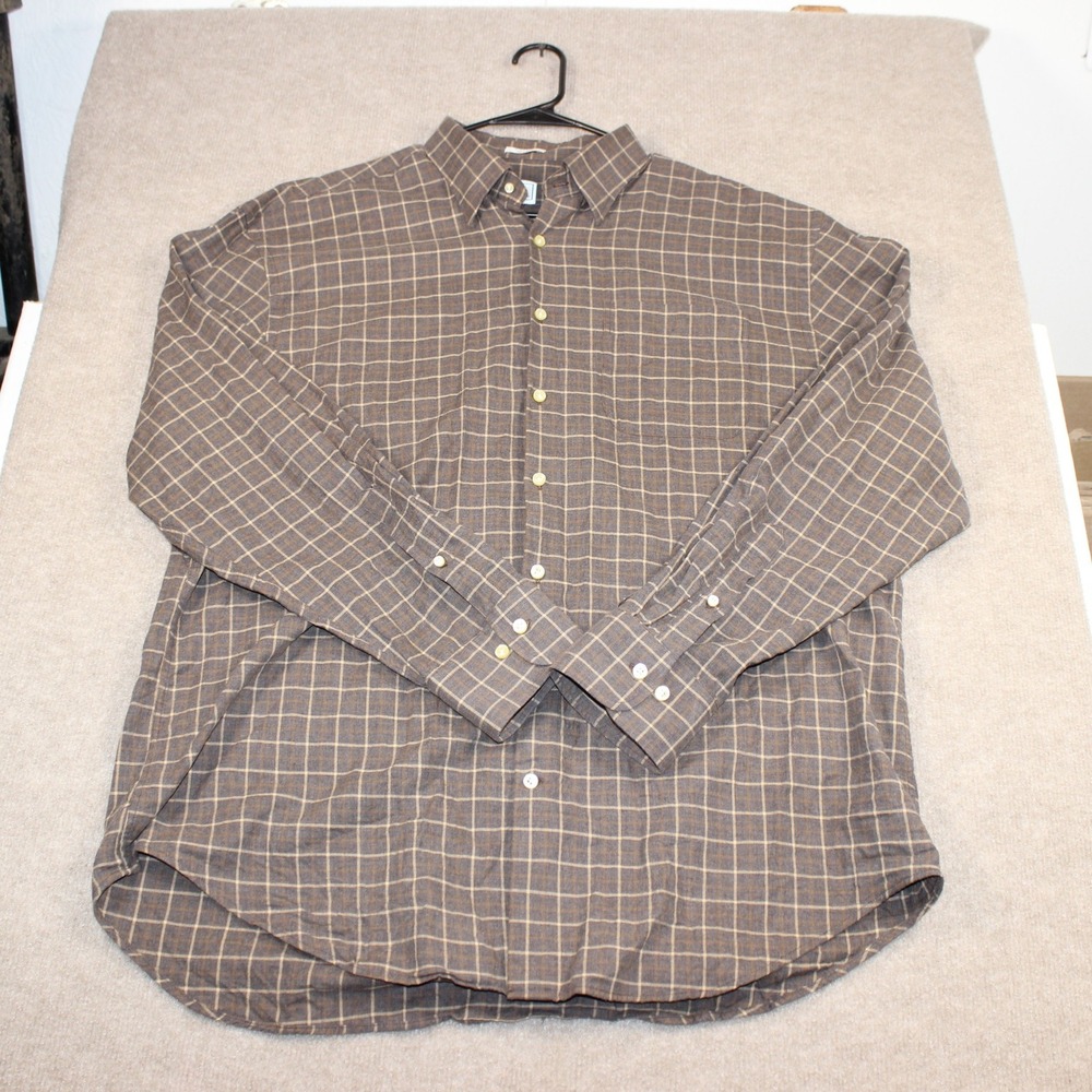 Peter Millar Mens XL Brown Plaid Cotton Button Down Shirt Windowpane Check
